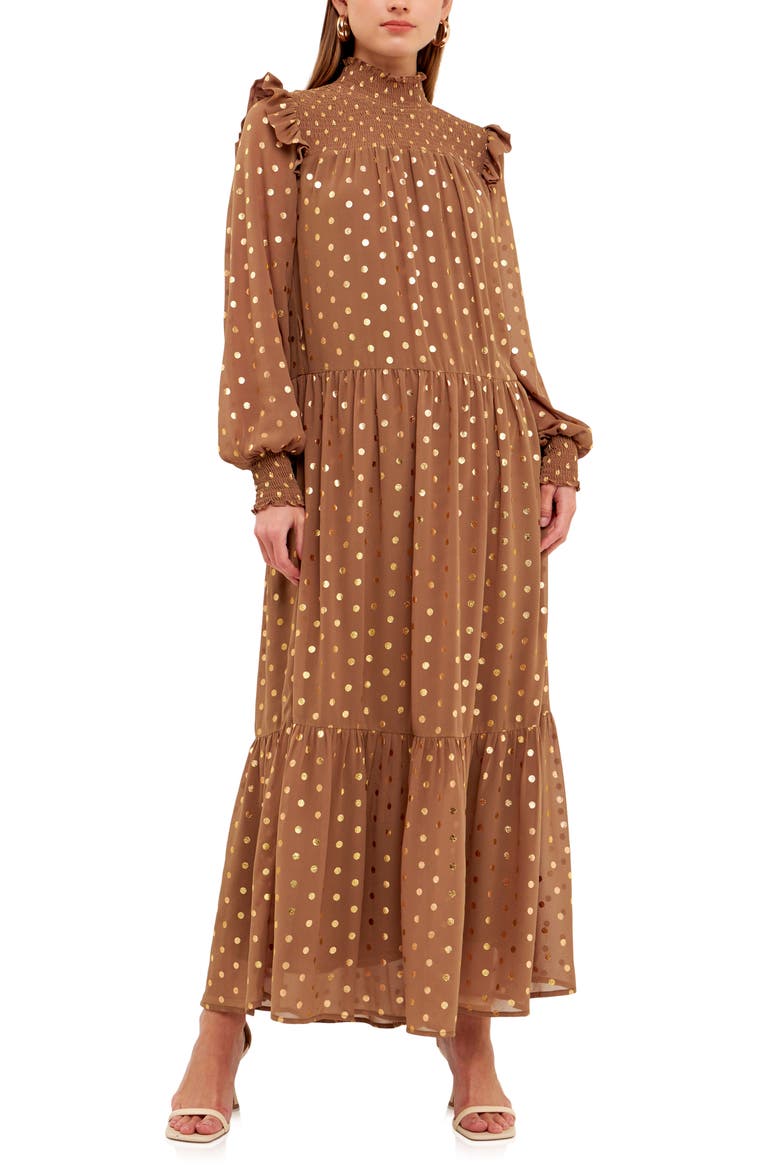 Metallic Dot Tie Waist Long Sleeve Maxi Dress, Alternate, color, TAN