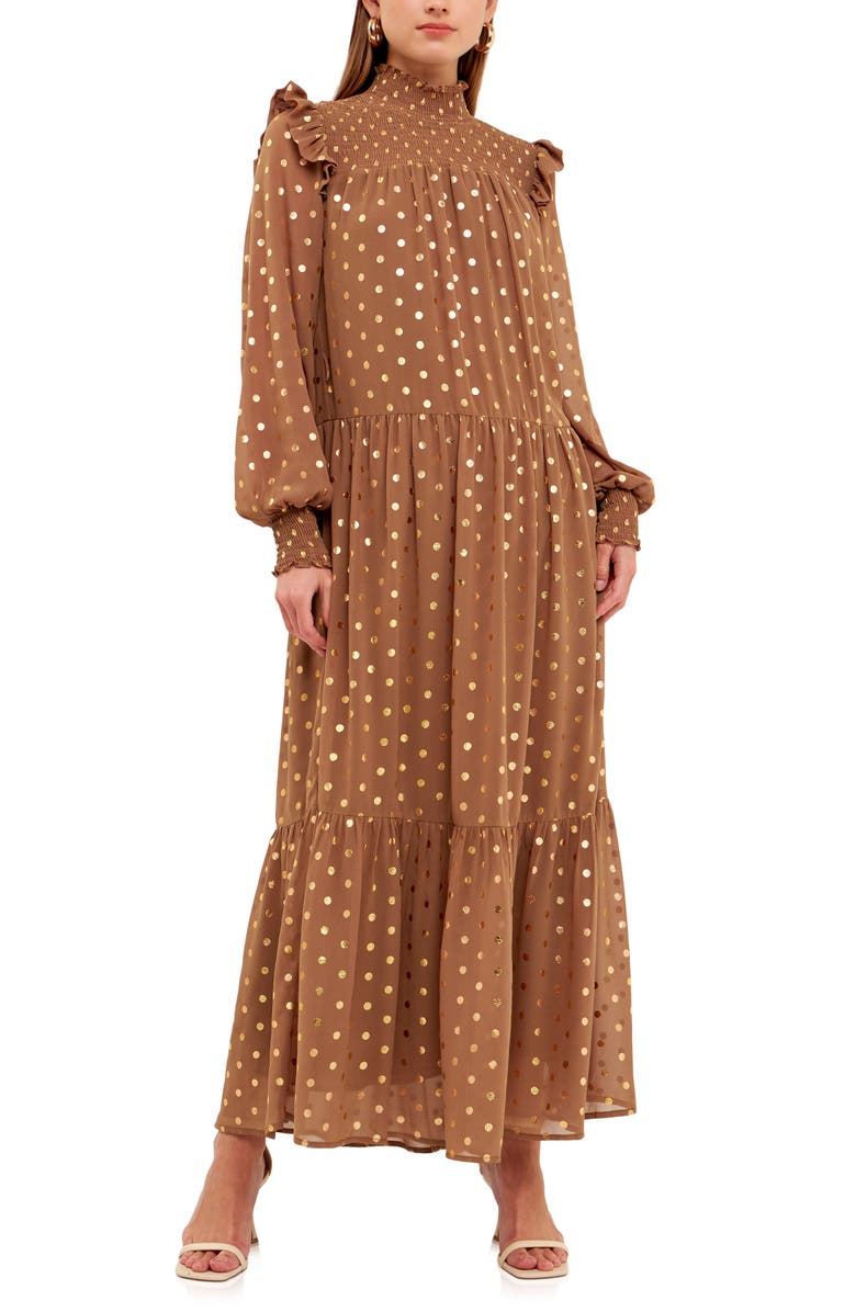Endless Rose Metallic Dot Tie Waist Long Sleeve Maxi Dress, Alternate, color, Tan