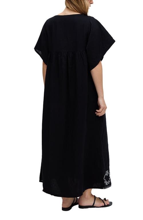 Raffya Candy Tabard Embroidered Hem Midi Dress In Black