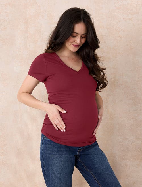 Motherhood Maternity V-neck Side-ruched Maternity Short Sleeve Tee In Burgundy