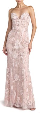 Mac Duggal Floral Beaded Mesh Strapless Column Gown