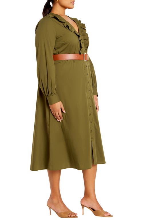Shop City Chic Zoe Belted Long Sleeve Dress In Khaki