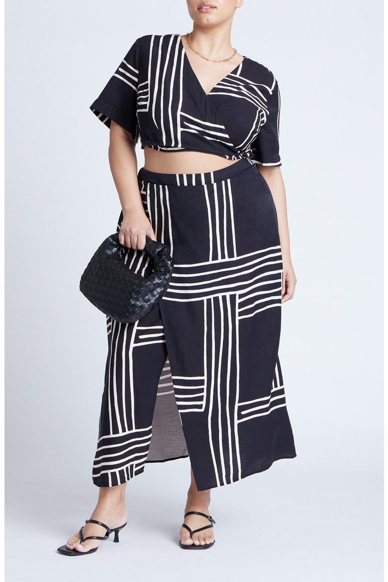 Faux Wrap Midi Skirt, Alternate, color, STRIPE REMIX