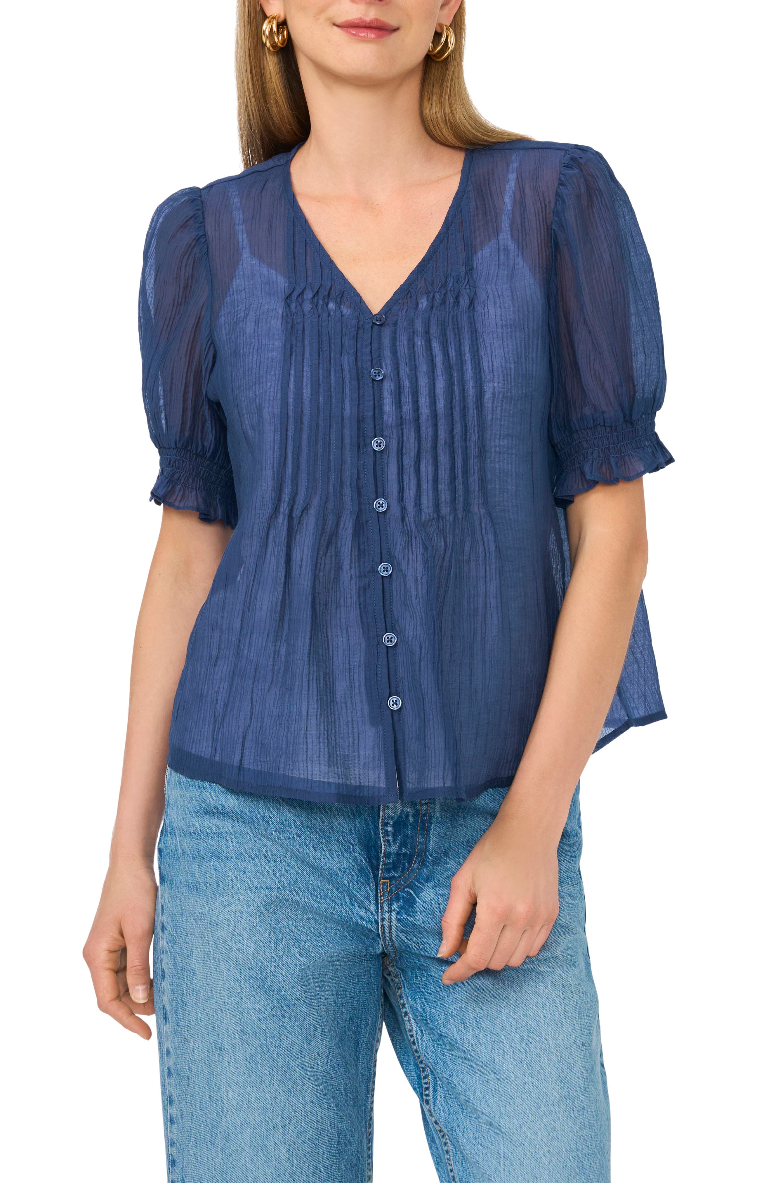 Vince Camuto Pintuck V-Neck Puff Sleeve Top