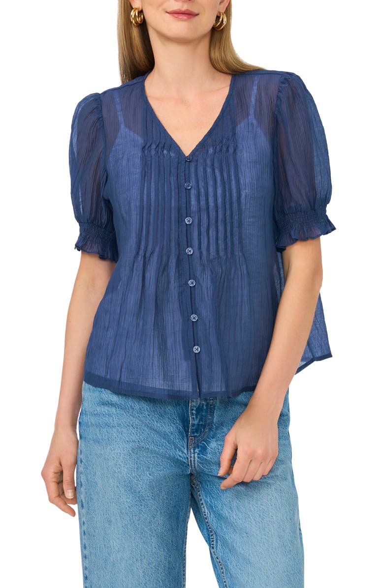 Vince Camuto Pintuck V-Neck Puff Sleeve Top, Main, color, Navy