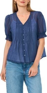 Vince Camuto Pintuck V-Neck Puff Sleeve Top