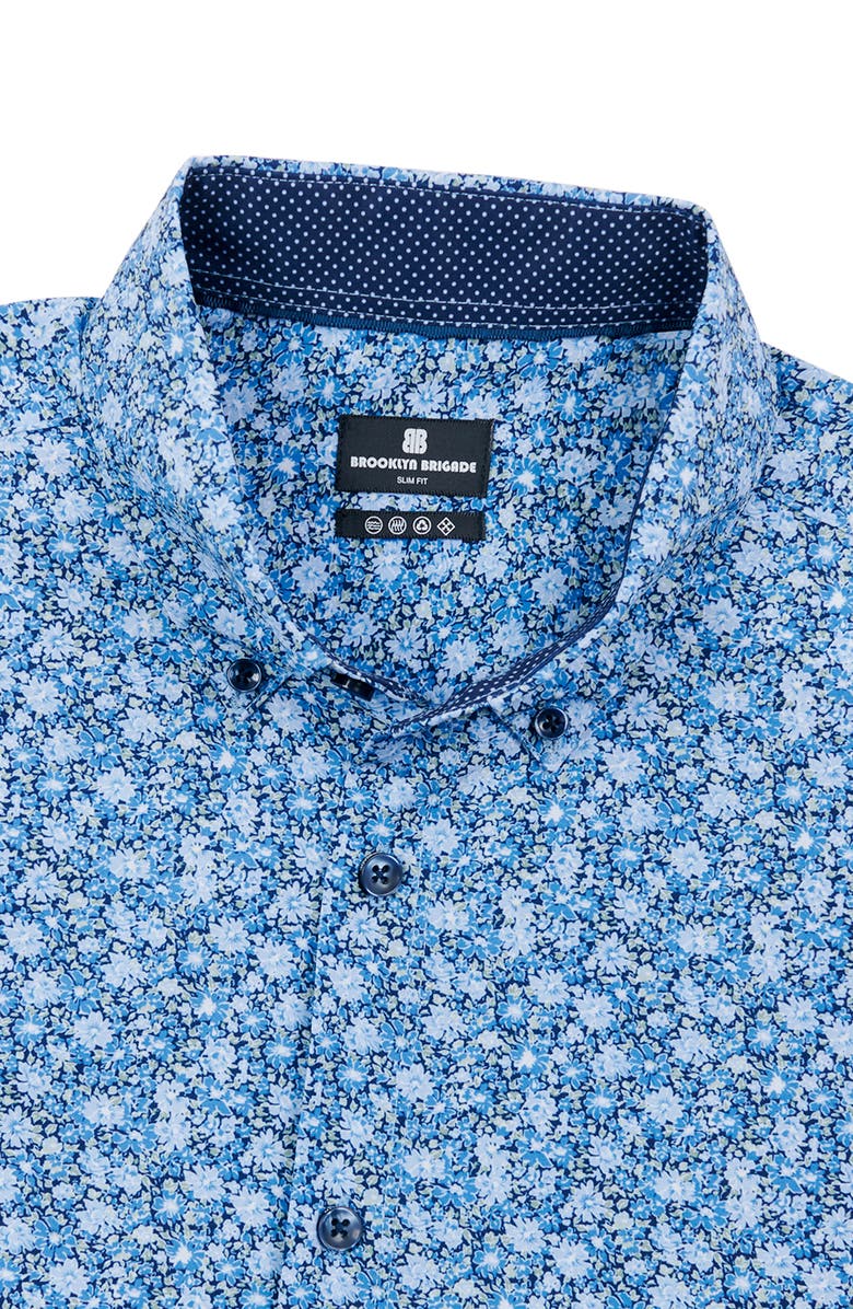 Brooklyn Brigade Slim Fit Ditsy Floral 4-Way Stretch Performance Short Sleeve Shirt, Alternate, color, Blue