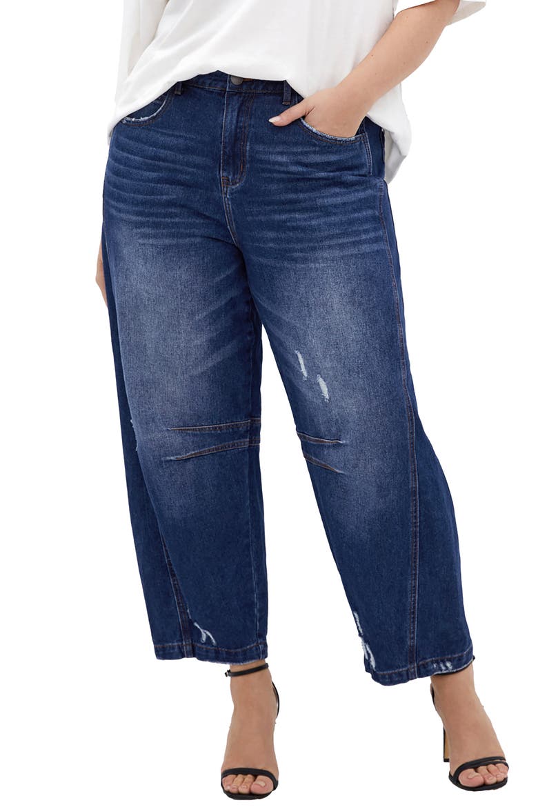 Harley Bea High Waist Distressed Barrel Leg Jeans, Main, color, DARK WASH