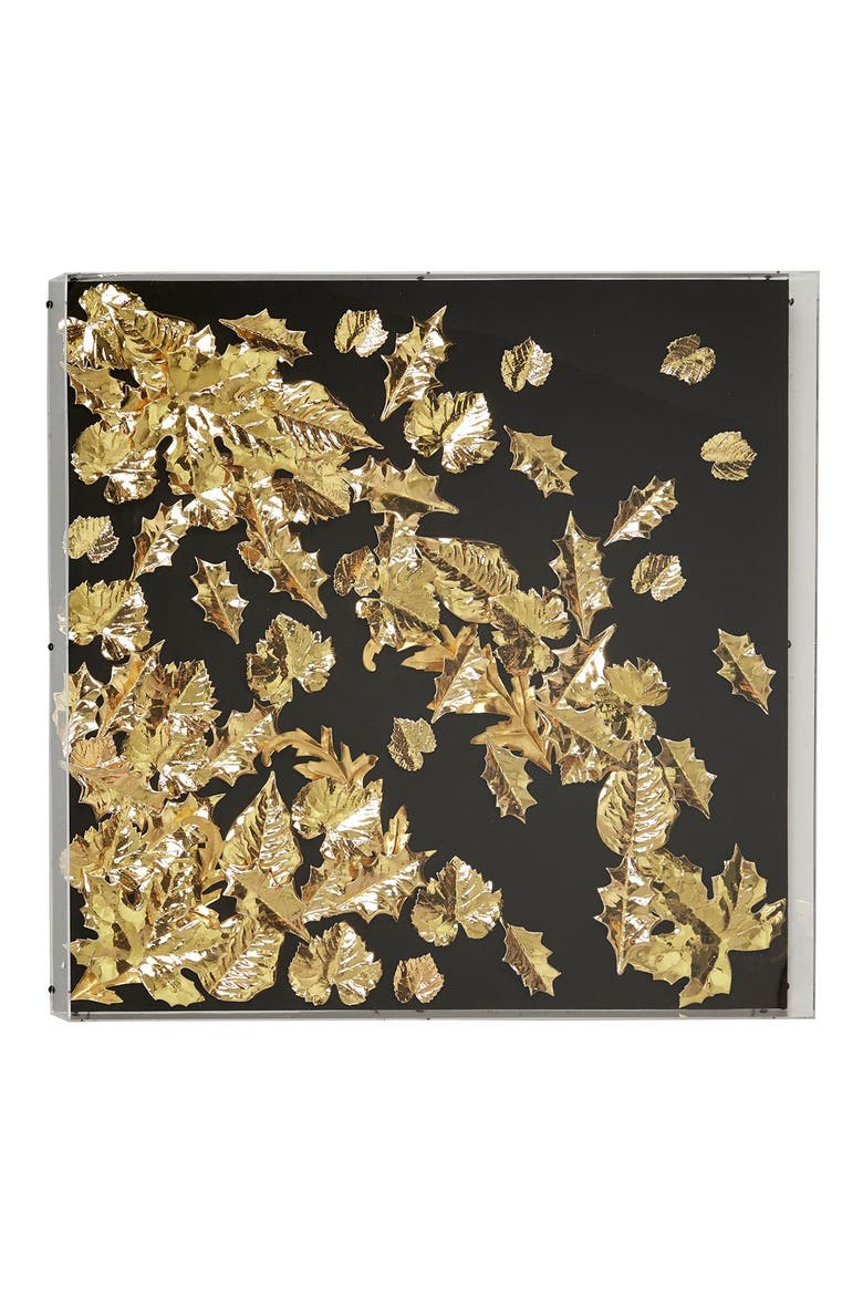 Large Square Modern Black & Metallic Gold Leaf Shadow Box Wall Decor, Alternate, color, GOLD