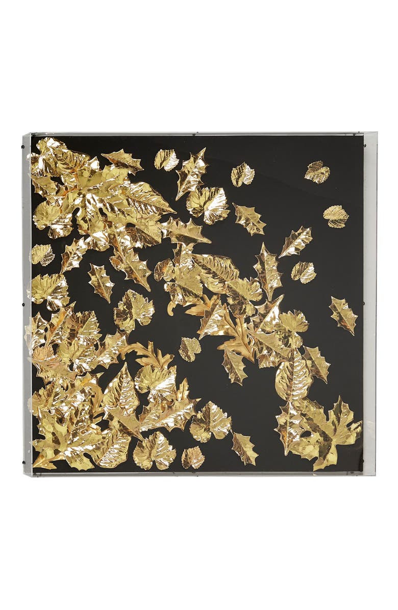 WILLOW ROW Large Square Modern Black & Metallic Gold Leaf Shadow Box Wall Decor, Alternate, color, Gold