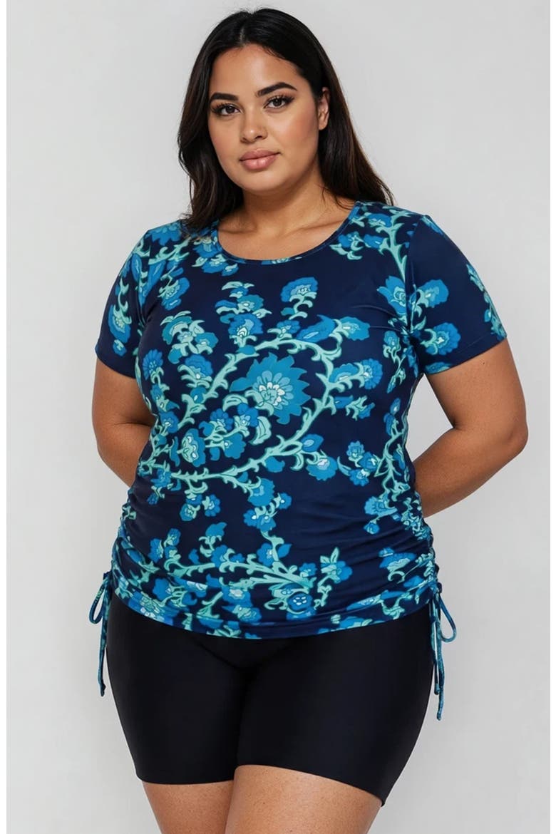 Plus Size Short Sleeve Adele Swim Top and Black Mid-Thigh Swim Shorts Set, Alternate, color, Barbados Blue