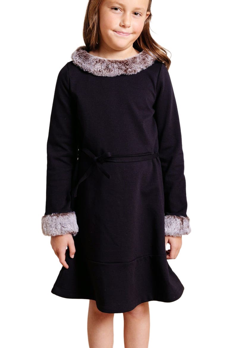 Baby Girls' Long Sleeve Ponte Dress with Faux Fur, Infant, Alternate, color, Black Long Sleeve