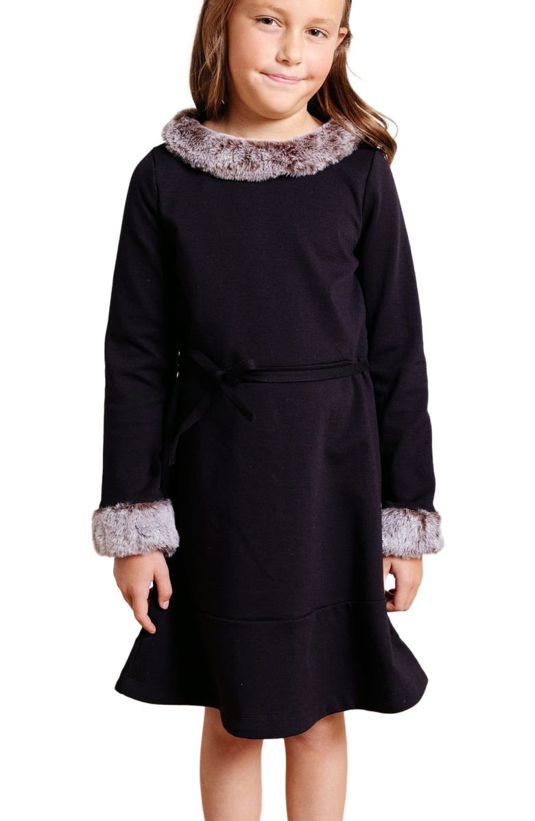 Hope & Henry Baby Girls' Long Sleeve Ponte Dress with Faux Fur, Infant, Alternate, color, Black Long Sleeve