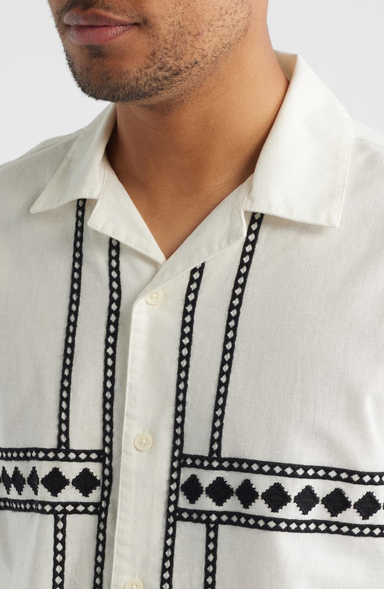 Wax London Didcot Embroidered Short Sleeve Cotton & Linen Button-Up Shirt, Alternate, color, Ecru / Washed Black