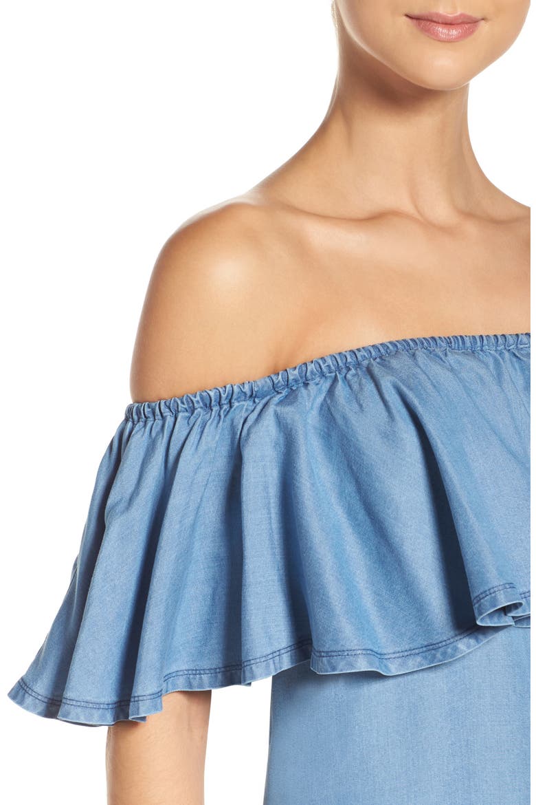 Ruffle Chambray Off the Shoulder Dress, Alternate, color, BLUE CHAMBRAY