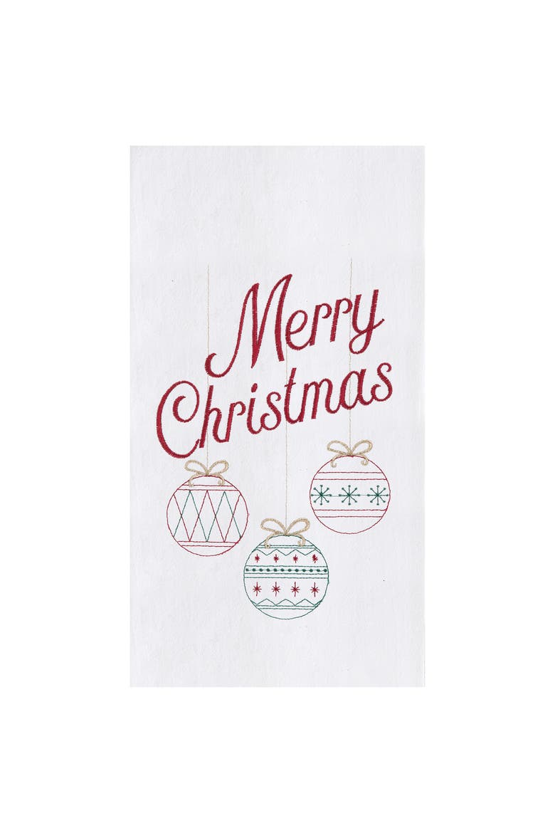Retro "Merry Christmas" Sentiment with 3 Ornaments Holiday Embroidered Flour Sack Kitchen Towel 27L x 18W in., Main, color, White