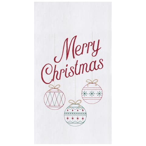 Retro "Merry Christmas" Sentiment with 3 Ornaments Holiday Embroidered Flour Sack Kitchen Towel 27L x 18W in.