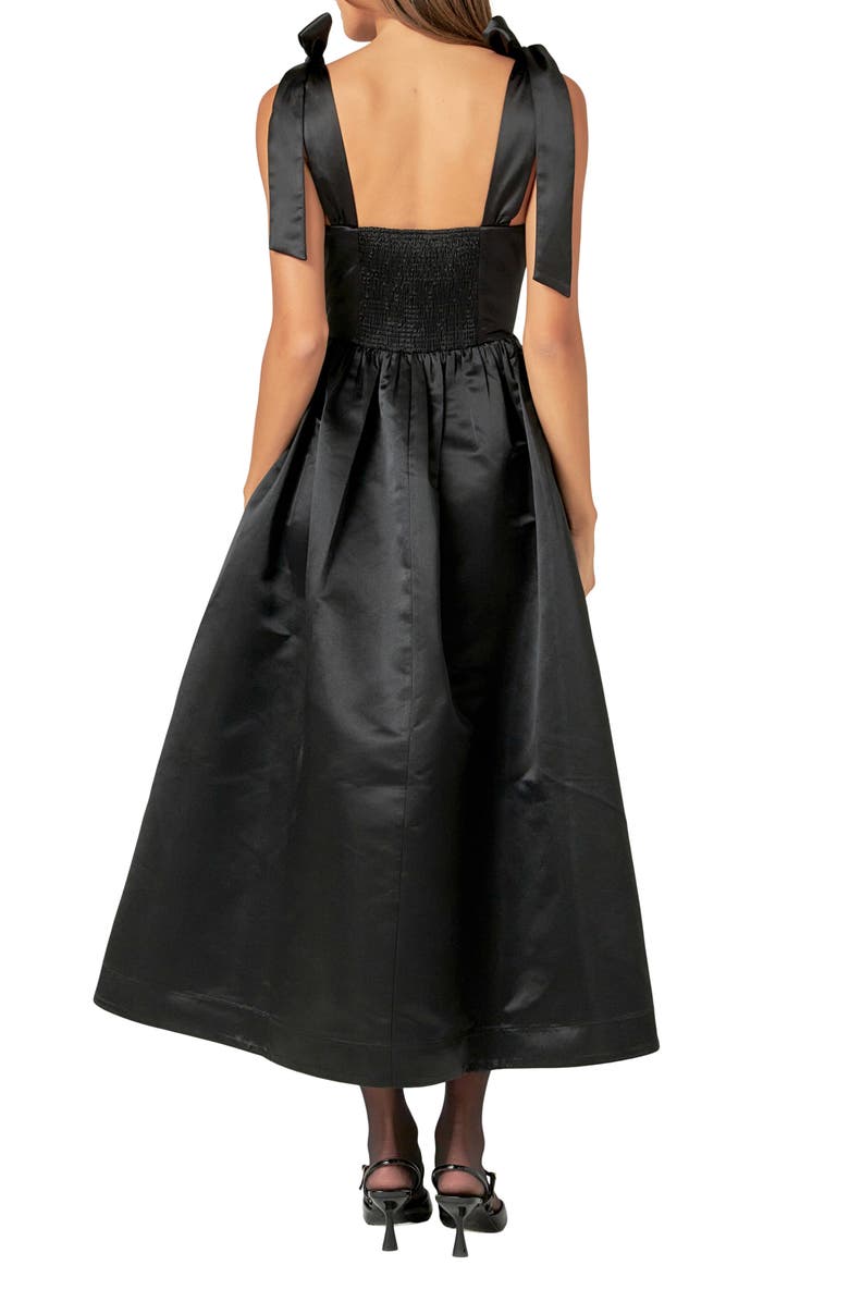 English Factory Bow Strap Satin Midi Dress, Alternate, color, Black