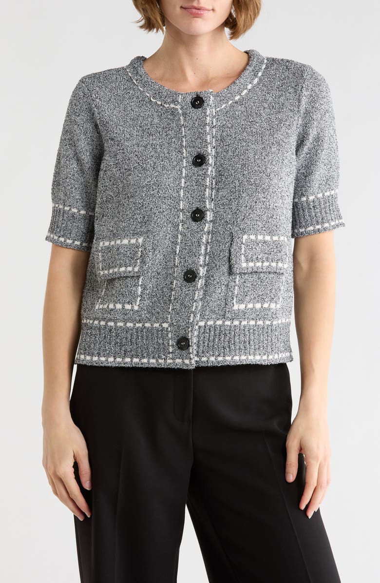 KAY UNGER SPORTSWEAR Short Sleeve Knit Cardigan, Main, color, Black Combo
