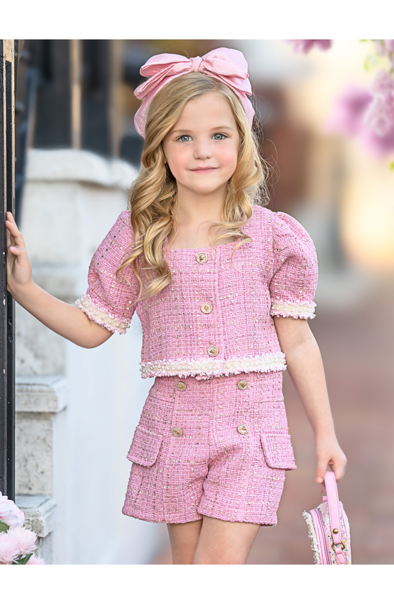Mia Belle Girls Girls Blush Pearl Puff Sleeve Tweed Top and Short Set, Alternate, color, Pink