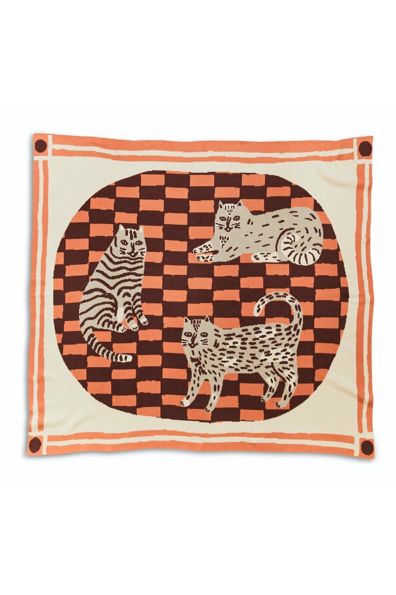 Three Of Cats Knit Throw Blanket, Main, color, Madder Root