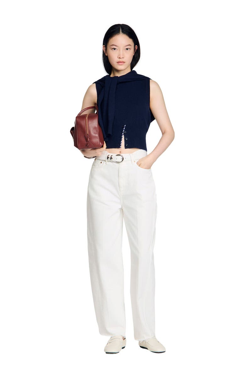 SANDRO Cropped stripy wool-cashmere sweater, Alternate, color, Navy Blue