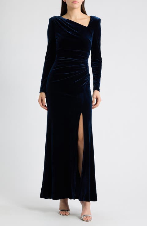 Ruched Velvet Long Sleeve Gown