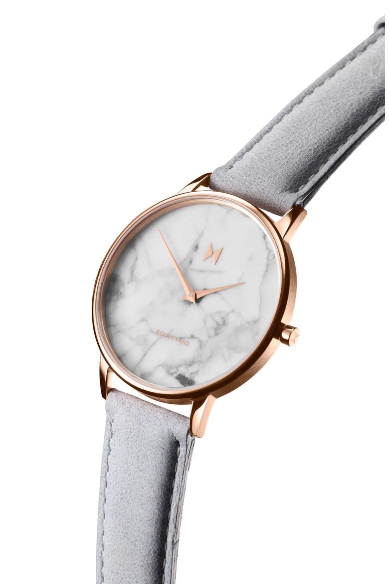 MVMT Boulevard Leather Strap Watch, 38mm, Alternate, color, GREY/ WHITE/ ROSE GOLD