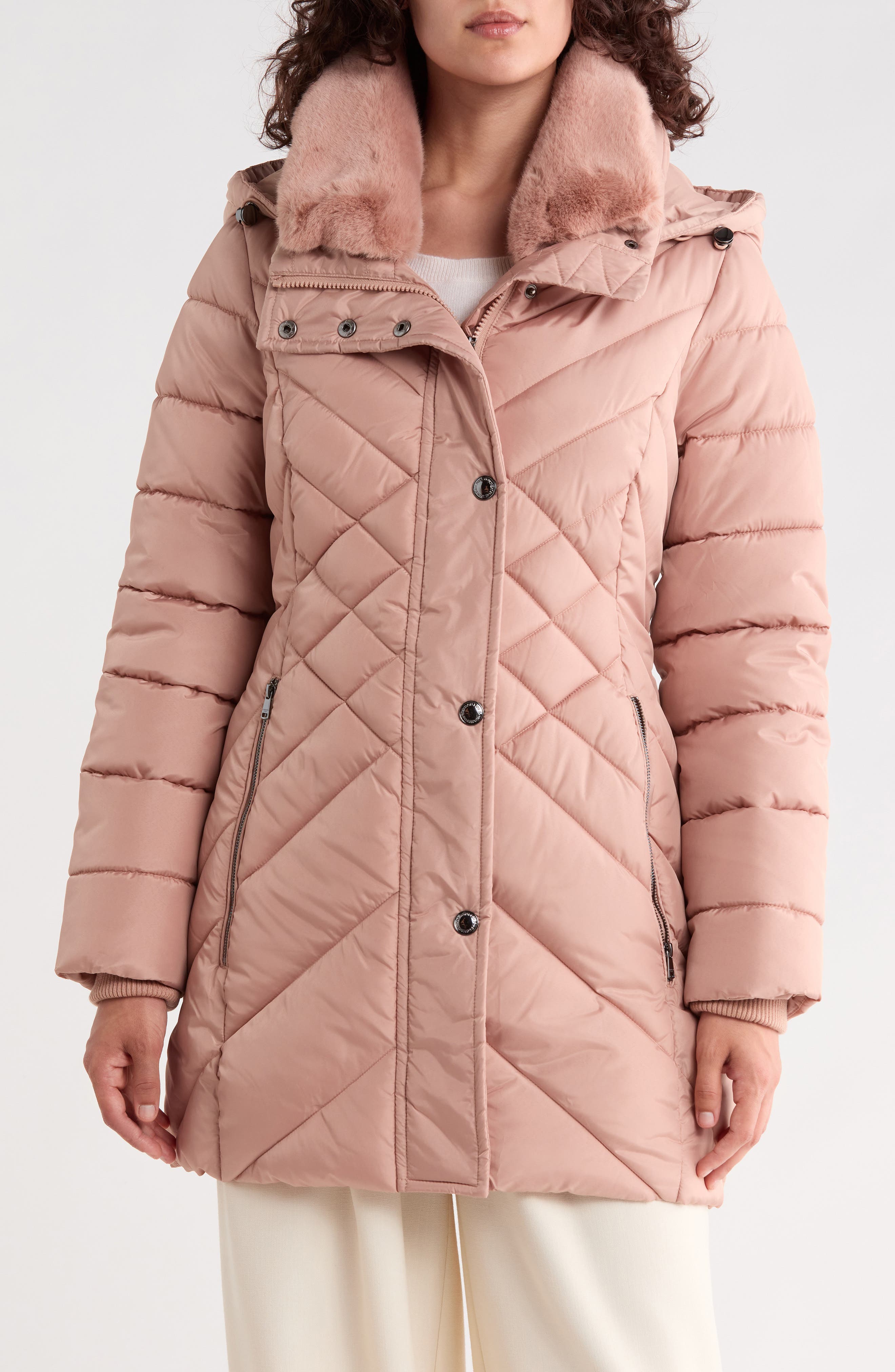 Puffer Coat with Faux Fur Collar