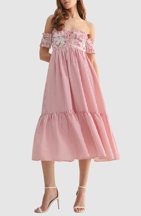 Smocked Off the Shoulder Midi Dress