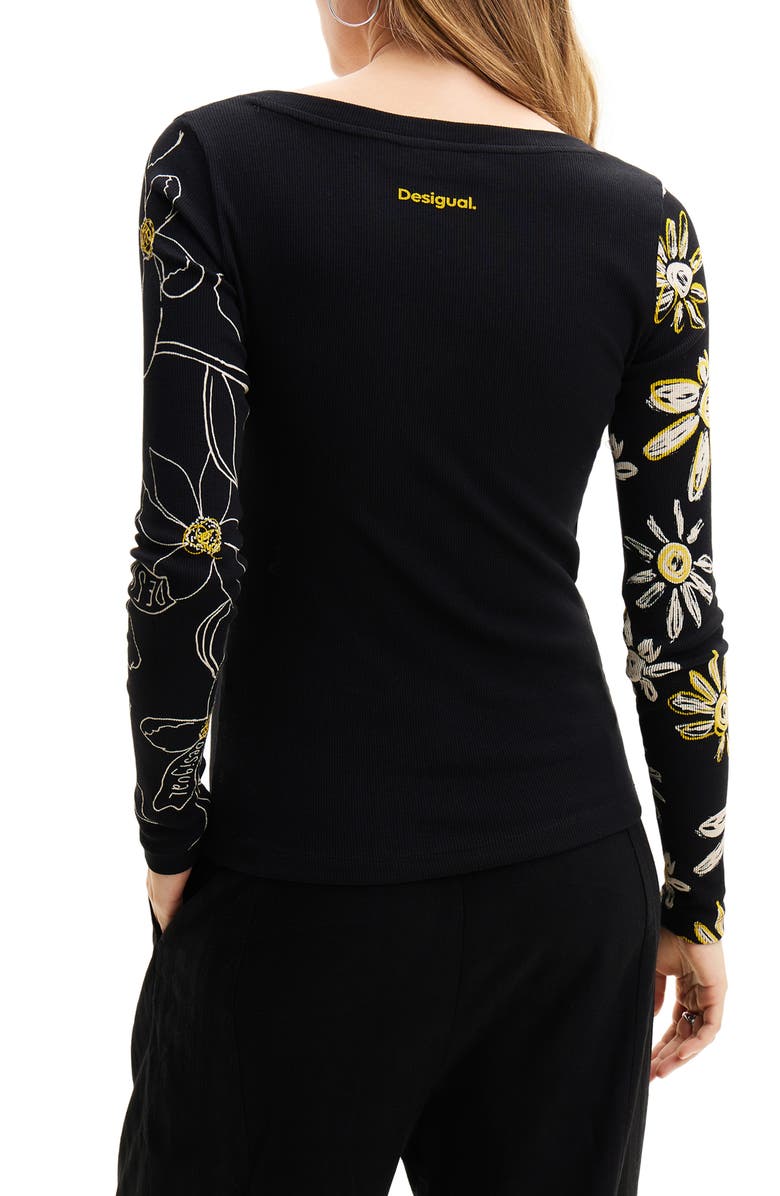 Desigual Ribbed Floral T-Shirt, Alternate, color, Black