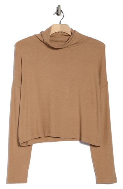 Cowl Neck Long Sleeve Brushed Knit Crop Top (Plus)