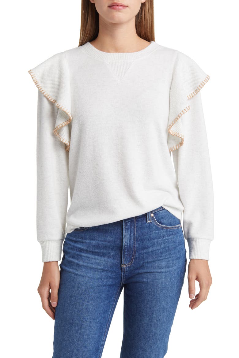 Ruffle Crewneck Sweater (Nordstrom Exclusive), Main, color, HEATHER OFF WHITE/ TAN