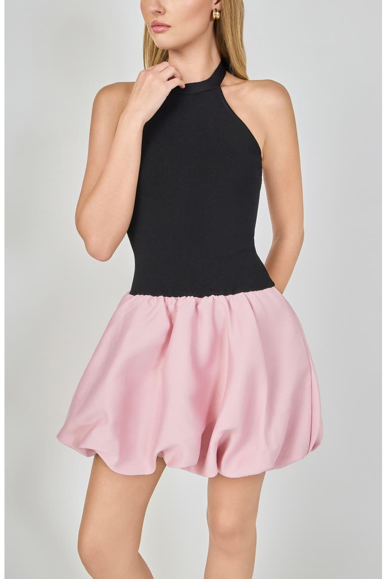 Mixed Media Halter Neck Bubble Minidress, Alternate, color, BLACK/ PINK