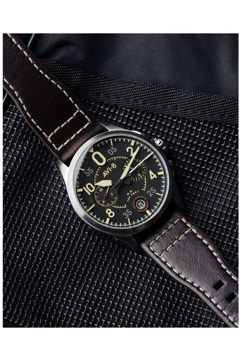 Spitfire Lock Midnight Oak Dial Chronograph Leather Strap Watch, 42mm, Alternate, color, BLACK