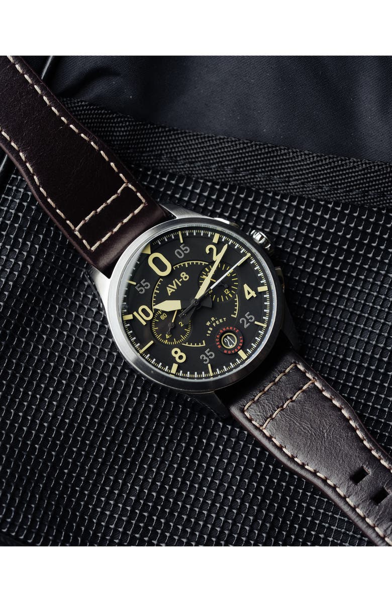 AVI-8 Spitfire Lock Midnight Oak Dial Chronograph Leather Strap Watch, 42mm, Alternate, color, Black