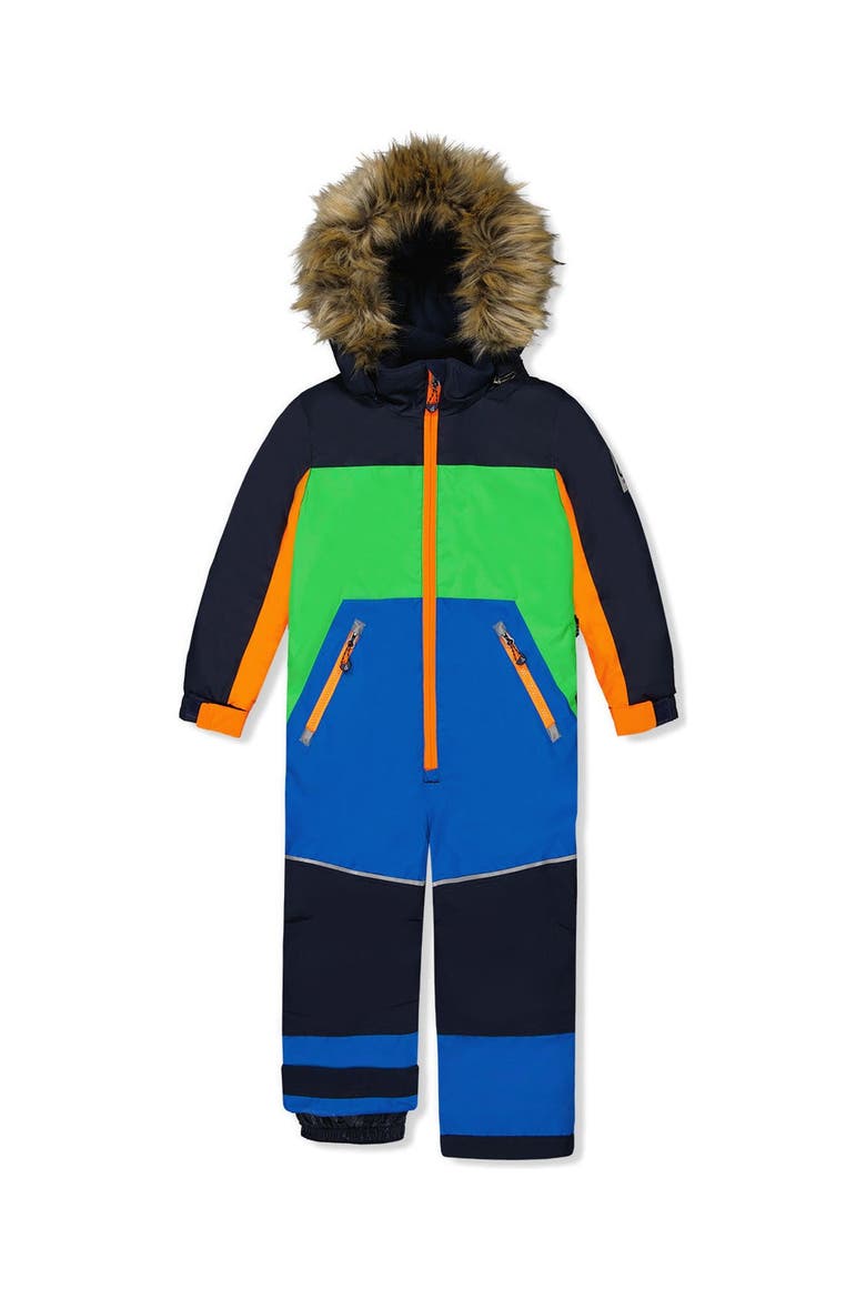 Discover Colorblock Detachable Hood One Piece Snowsuit, Main, color, Blue, Green and Orange