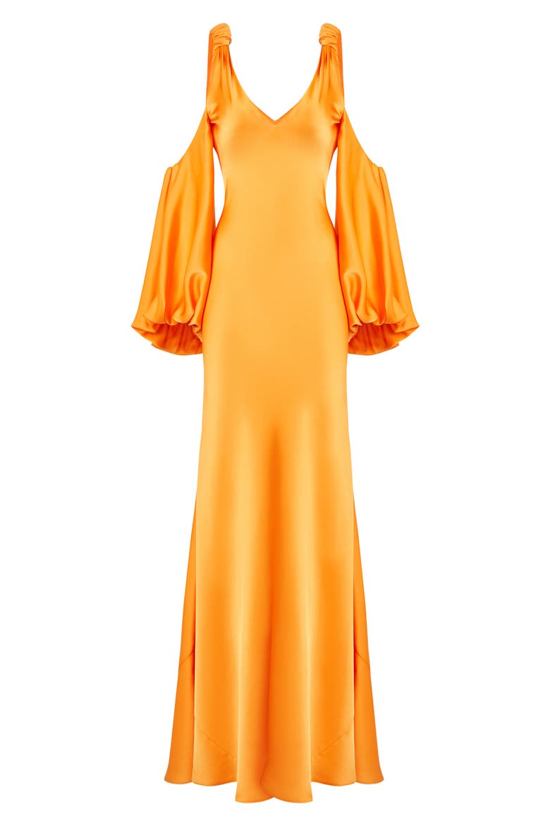 Binnie Cold Shoulder Long Sleeve Satin Gown, Alternate, color, TANGERINE