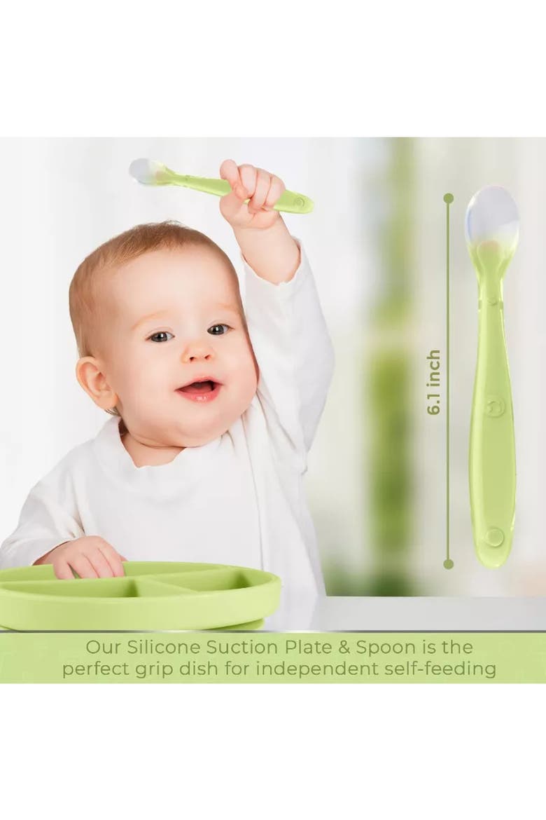 Silicone Suction Divided Plate and Spoon Toddler Training Self Feeding Set, Alternate, color, Sage