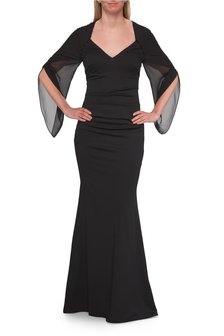 V-Neck Gown with Sheer Flutter Sleeves, Main, color, Black