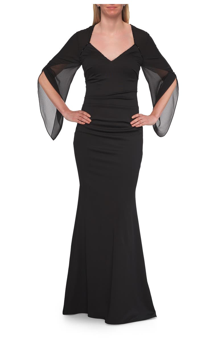 La Femme V-Neck Gown with Sheer Flutter Sleeves, Main, color, Black