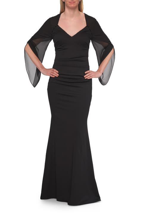 V-Neck Gown with Sheer Flutter Sleeves