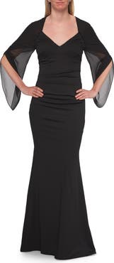 La Femme V-Neck Gown with Sheer Flutter Sleeves