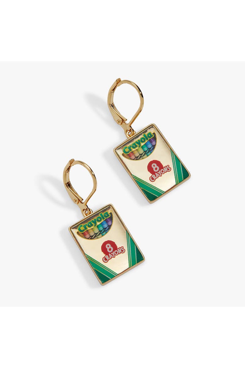 Crayola 'To Teach Is To Color A Life Forever' Crayon Box Earrings, Main, color, Gold
