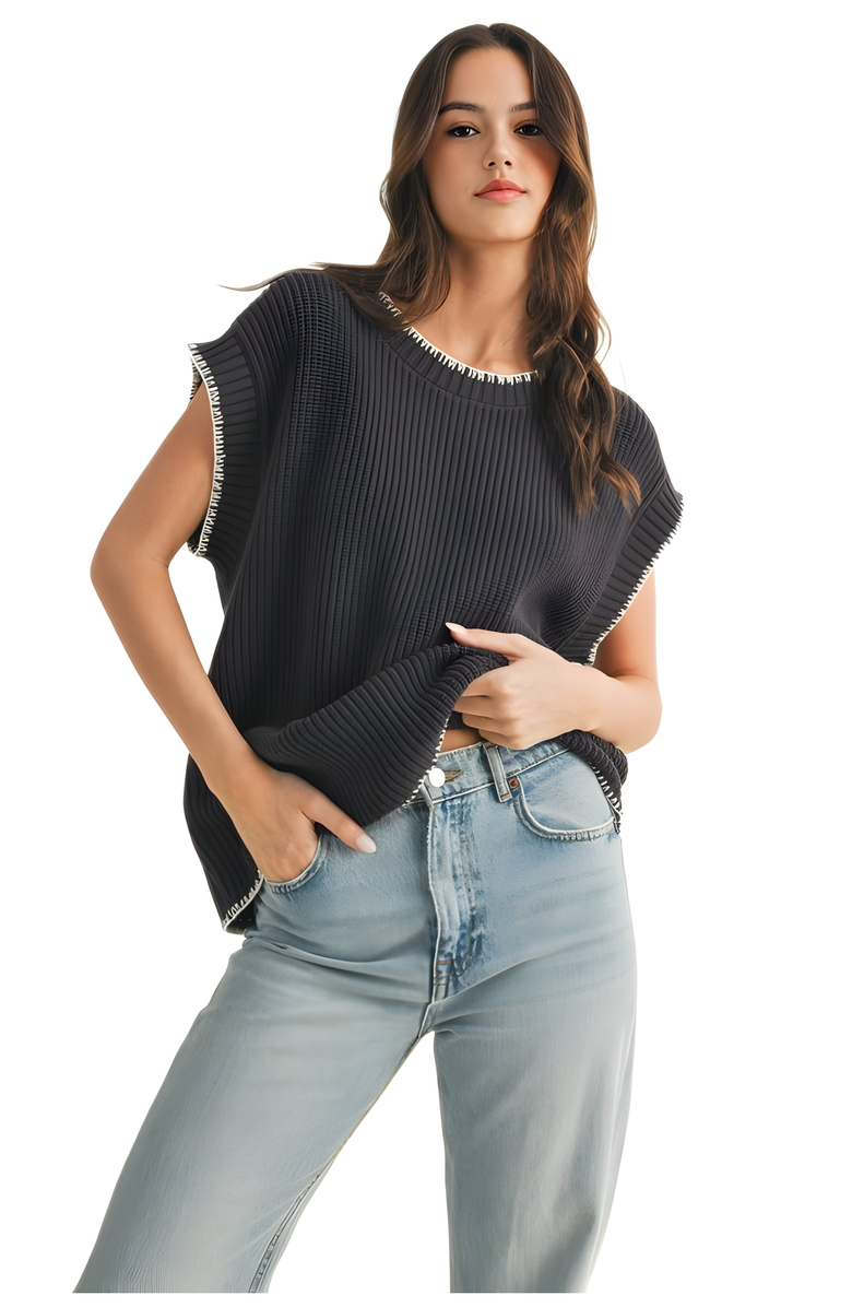 Knit and Lounge Ribbed Cap Sleeve Top with Contrast Whipstitch Trim, Main, color, 