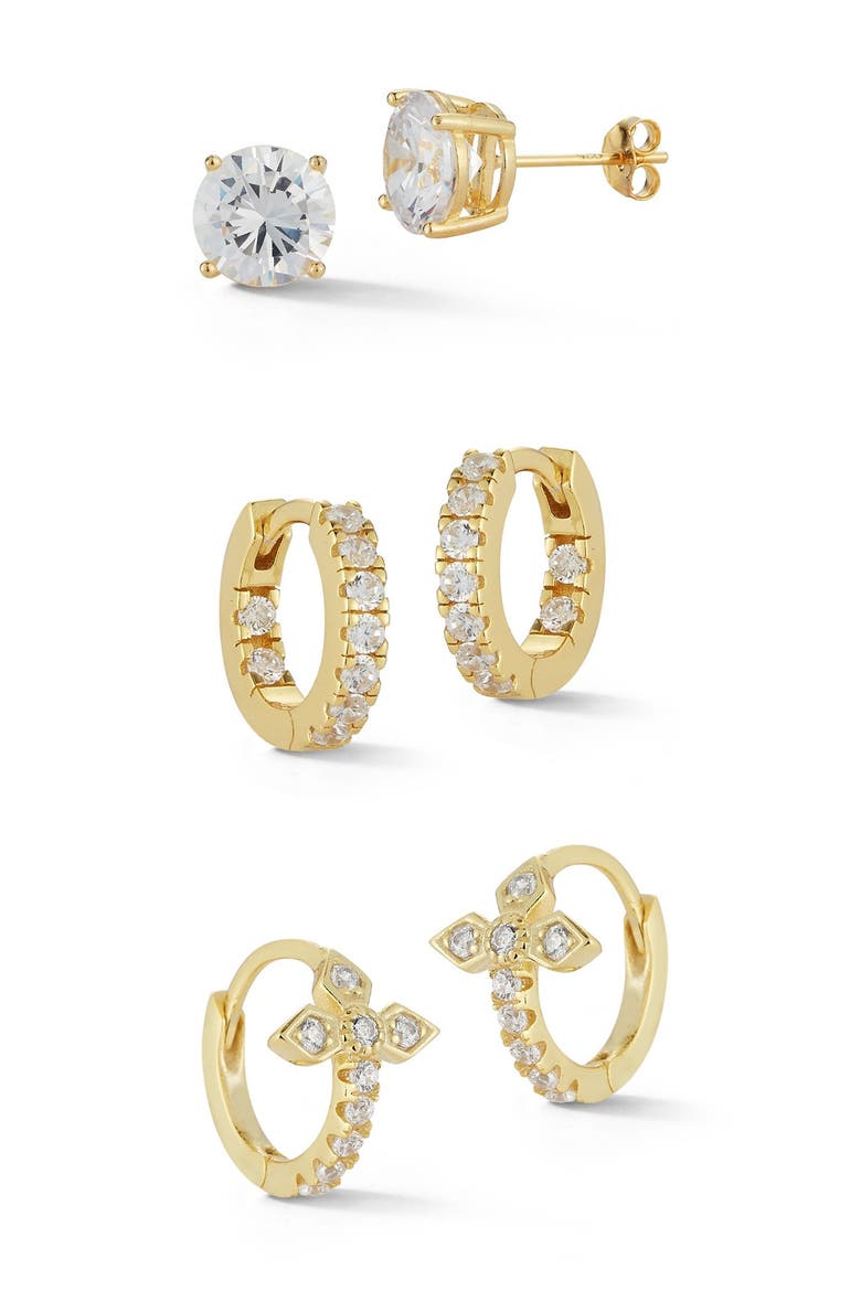 CZ 3-Piece Assorted Earrings Set, Main, color, YELLOW GOLD