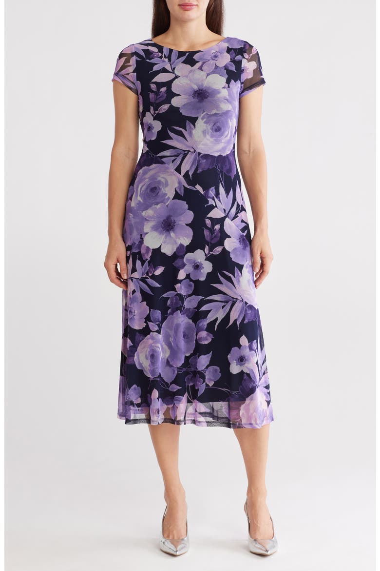 mesh cap sleeve dress Women's Studio Connection Printed Mesh Cap Sleeve Side Shirred Dress, Size: Small, Peacock