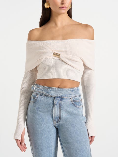 Shana Asymmetric Bardot Top With Hardware Detail