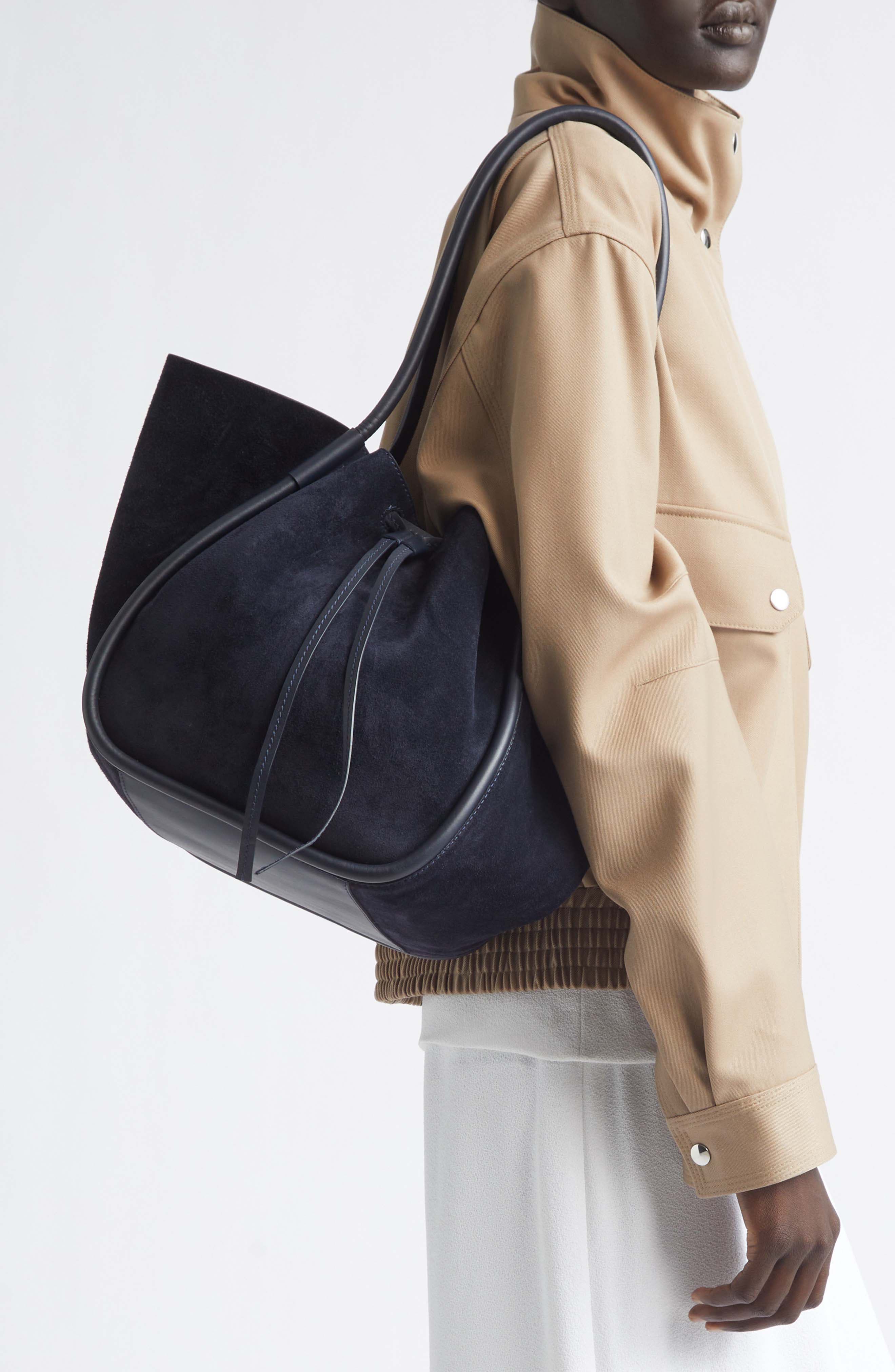 Large Ruched Suede Tote, Alternate, color, DEEP NAVY