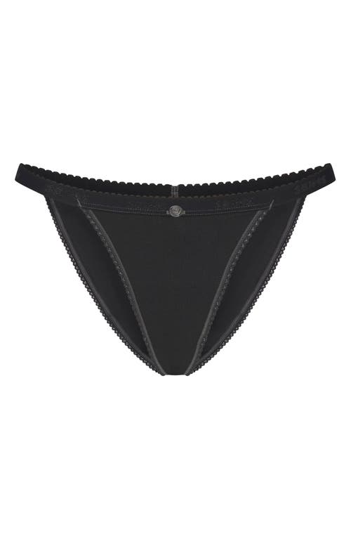 Skims Lightweight Cotton Logo Picot String Bikini In Soot Tonal